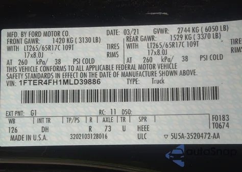 2021 Ford Ranger Lariat из США, поврежденный, VIN 1FTER4FH1MLD39886